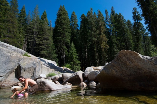 kid swimming with trout